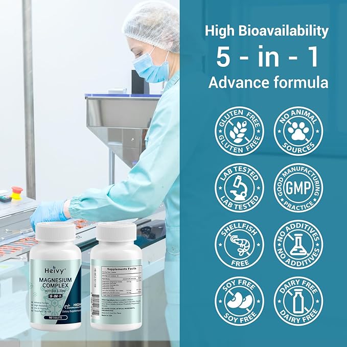 Magnesium Complex, Magnesium Glycinate, Citrate, Malate, Oxide, Gluconate with Zinc and Vitamin D3, Magnesium Supplement for Muscle, Nerve, Heart, Bone Support, High Absorption, 90 Tablets