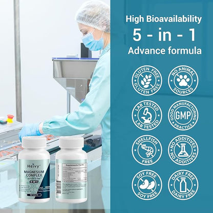 Magnesium Complex, Magnesium Glycinate, Citrate, Malate, Oxide, Gluconate with Zinc and Vitamin D3, Magnesium Supplement for Muscle, Nerve, Heart, Bone Support, High Absorption, 90 Tablets