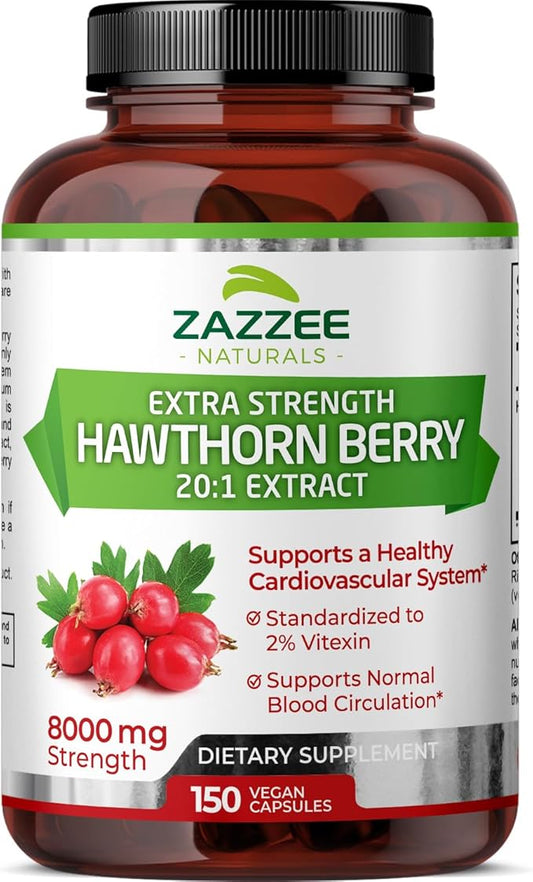 Zazzee Extra Strength Hawthorn Berry 20:1 Extract, 8000 mg Strength, 2% Vitexin, 150 Vegan Capsules, 5 Month Supply, Concentrated and Standardized Potent 20X Extract, Non-GMO and All-Natural