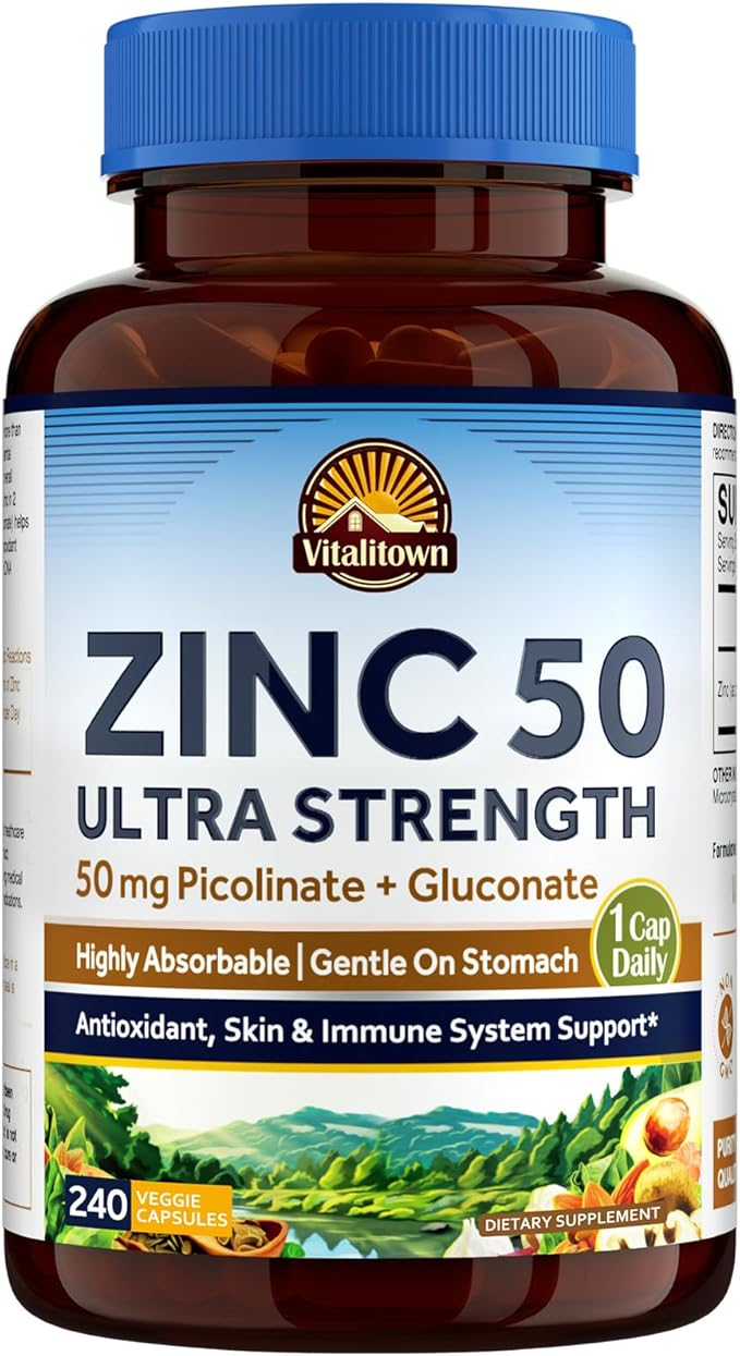 Vitalitown Zinc 50 mg, Zinc Picolinate, Zinc Gluconate, 240 Veggie Capsules, No Zinc Oxide, Well-Absorbed, Chelated Zinc Supplement, Immune System, Healthy Skin & Development, Vegan, Non-GMO