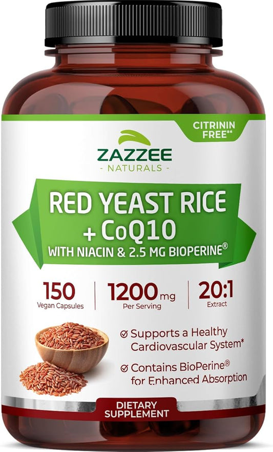 Zazzee Red Yeast Rice 1200 mg with CoQ10, 150 Vegan Capsules, Extra Strength 20:1 Extract, Citrinin Free, Supports Cardiovascular and Blood Circulation Health, All-Natural, Non-GMO, Made in The USA