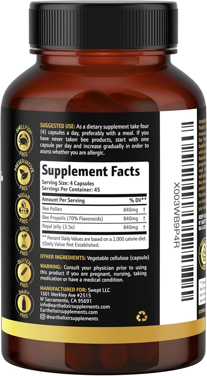 3-in-1 Bee Pollen Organic 840mg (180 Caps) W/ 840mg Bee Propolis Capsule & 840mg Royal Jelly Capsule - 3rd Party Tested - Bee Pollen Supplement - Organic Bee Pollen Capsule -No Fillers