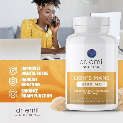 DR. EMIL NUTRITION 2100mg Organic Lions Mane Supplement Capsules - Focus, Mental Clarity & Cognition - Nootropic Lion's Mane Mushroom Supplement with Organic Lions Mane