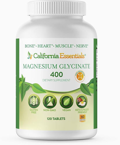 Magnesium Glycinate 400 - Chelated, High Absorption Magnesium for - Vegan, Non-GMO, Gluten-Free 120 Tablets (Servings 60, Serving Size (2) 200mg Tablets)