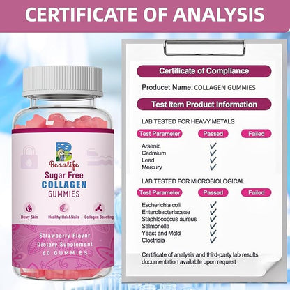 Collagen Gummies, with Biotin,Bamboo, Hydrolyzed Collagen Peptides Supplement, for Healthy Skin Support, 60 Gummies,Strawberry Flavor