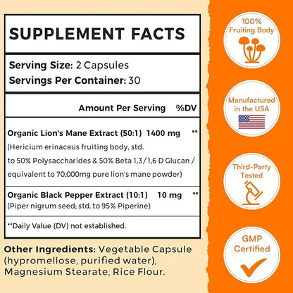 70,000mg Lions Mane Supplement Capsules - 50X Strength Potency Lions Mane Supplement Extract, 50% Polysaccharides & Beta - 180 Caps