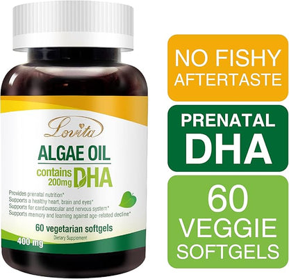 Lovita Algae Oil, Plant Based DHA Alternative to Fish Oil, Vegan Omega 3 with DHA 200 mg, 60 Vegetarian Softgels
