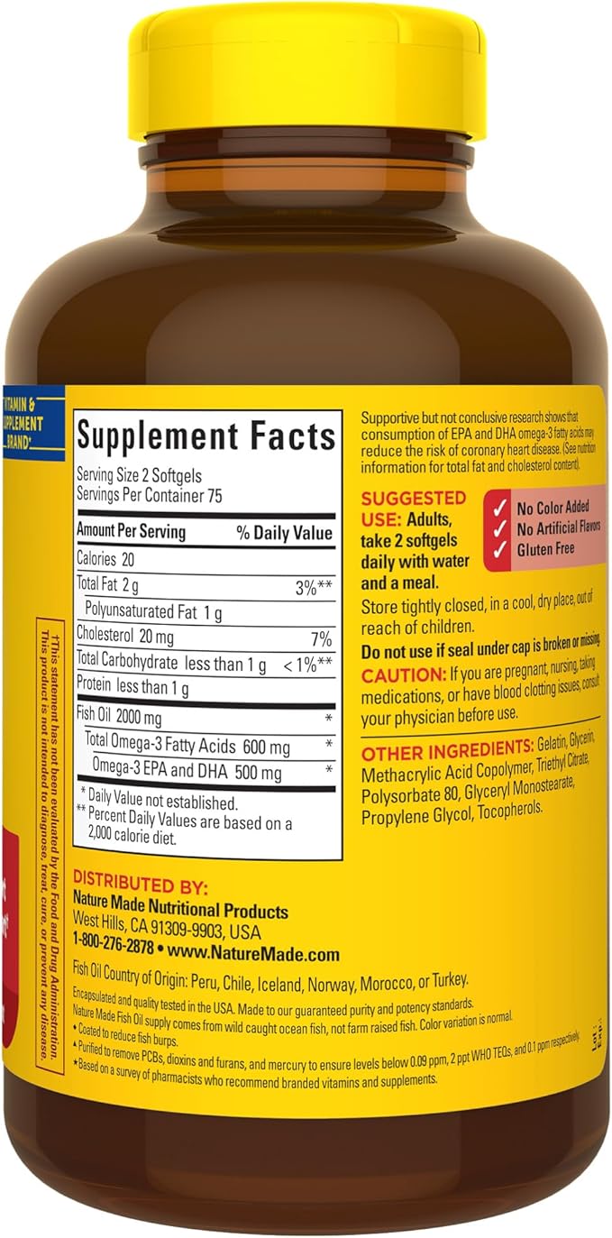 Nature Made Burp Less Fish Oil Omega 3 Supplements, 1000mg Softgels, Omega 3 Fish Oil Supplements for Healthy Heart Support, 150 Softgels, 75 Day Supply