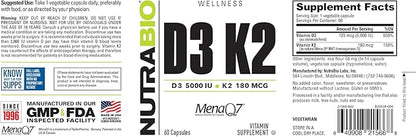 NutraBio Vitamin D3 K2 | 5000 IU D3 as Cholecalciferol with Vitamin K2 as MENA-Q MK7 (180mcg) | Support Bone and Heart Health | Non-GMO, Gluten Free, Lactose Free | 60 Vegetable Capsules