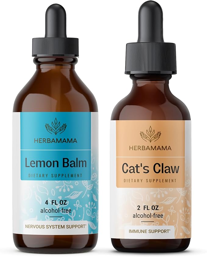 HERBAMAMA Herbal Liquid Drops Kit - Bundle of Lemon Balm 4 fl oz & Cat's Claw Tincture 2 fl oz - Vegan, Non-GMO, Sugar & Alcohol-Free - 2 Pack