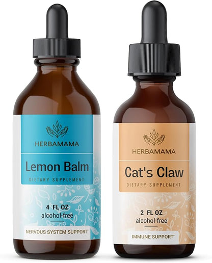 HERBAMAMA Herbal Liquid Drops Kit - Bundle of Lemon Balm 4 fl oz & Cat's Claw Tincture 2 fl oz - Vegan, Non-GMO, Sugar & Alcohol-Free - 2 Pack
