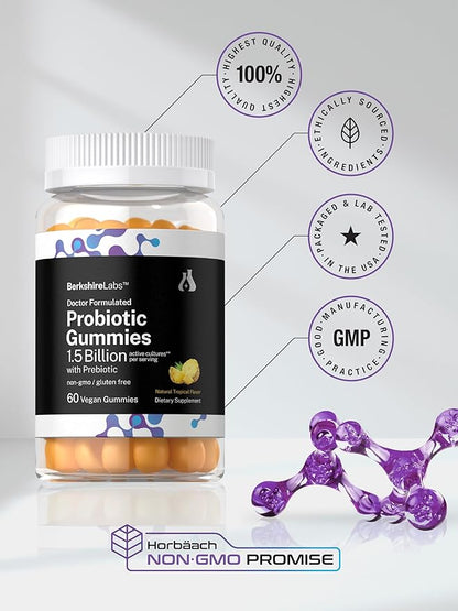 Horbäach Probiotic Gummies | 60 Count | 1.5 Billion with Prebiotic | Adult Supplement for Women and Men | Doctor Formulated | Tropical Flavor | Vegan, Non-GMO, and Gluten Free | Berkshire Labs