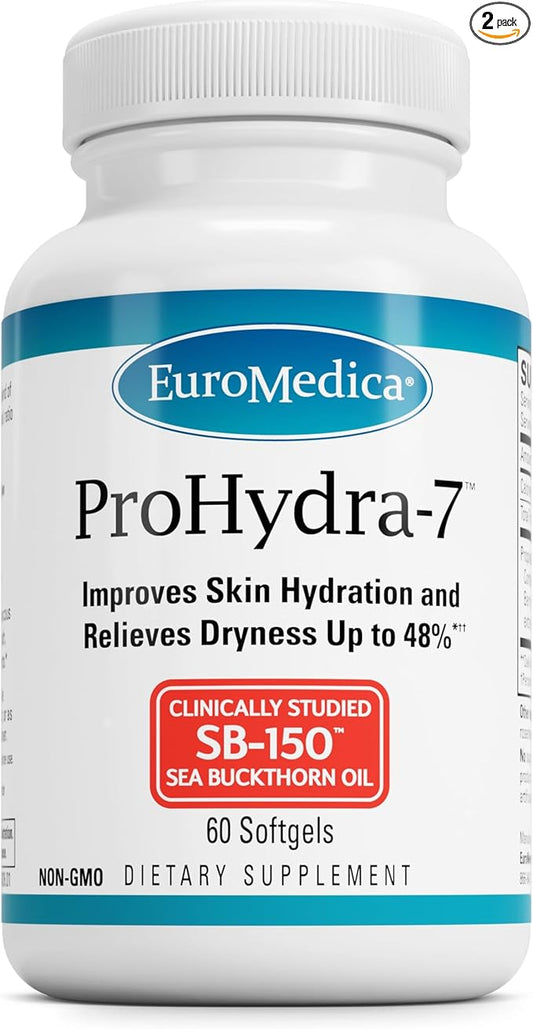 Euromedica ProHydra-7 - Skin Health Support Supplement with Omega-7 Sea Buckthorn Oil - Nutritional Supplement - Essential Fatty Acid Supplement - 60 Softgels
