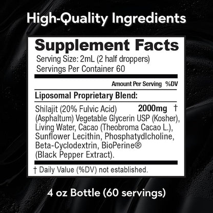Maxx Herb Pure Himalayan Shilajit – Liquid Liposomal Formula with Black Pepper BioPerine & Cacao - Energy Boost & Immune Support, 85+ Trace Minerals, 20% Fulvic Acid – 4 Oz Bottle (60 Servings)