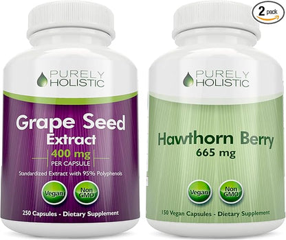 Purely Holistic Grape Seed Extract 400mg + Hawthorn Berry 665mg Bundle - 400 Vegan Capsules - Made in USA