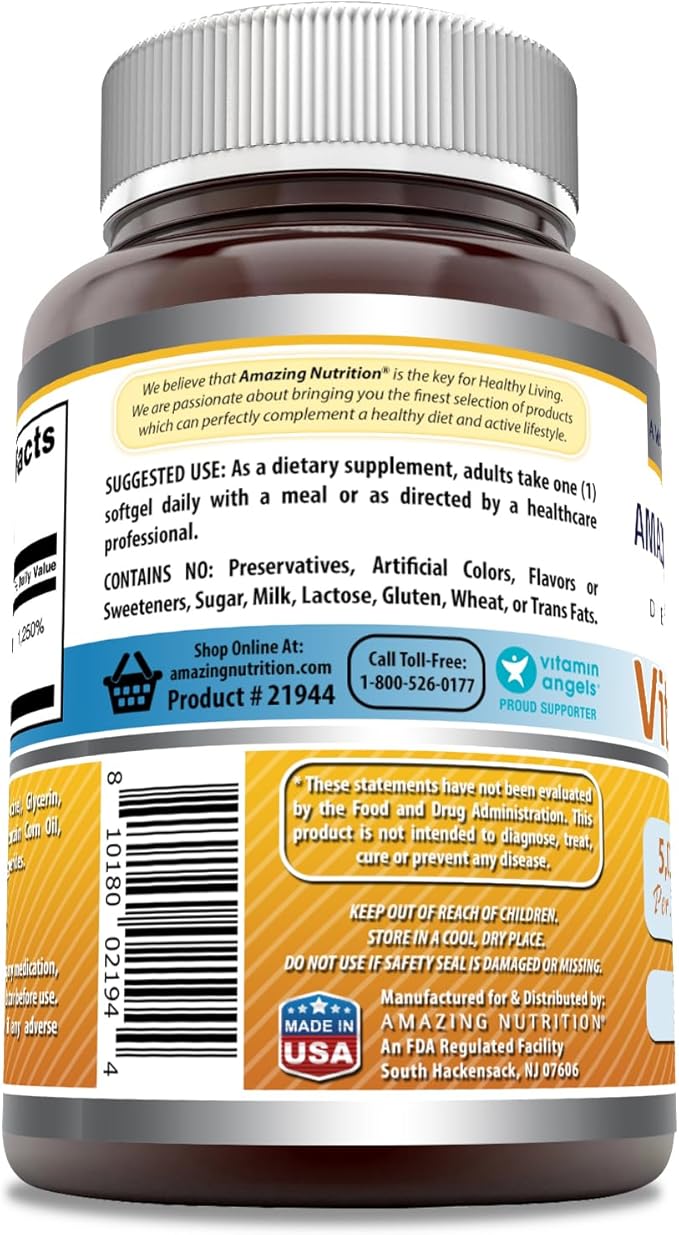 Amazing Formulas Vitamin D3 (Cholecalciferol) Supplement | 5000 IU per Serving | 180 Softgels | Non-GMO | Gluten-Free | Made in USA