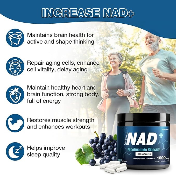 NAD+ Supplement 1000mg - Nicotinamide Riboside (NR) and Resveratrol, Liposomal NAD of Pure Organic Ingredients for Women & Men Healthy Aging, Brain and Cellular Energy, 80 Capsules