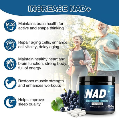 NAD+ Supplement 1000mg - Nicotinamide Riboside (NR) and Resveratrol, Liposomal NAD of Pure Organic Ingredients for Women & Men Healthy Aging, Brain and Cellular Energy, 80 Capsules