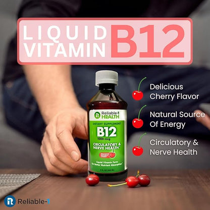 Reliable-1 Laboratories Liquid Vitamin B12 Daily Supplement 1000mcg for Adult Men & Women - Natural Cherry Flavor