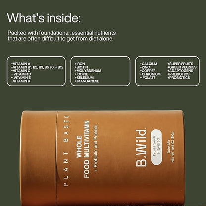 B.WILD Multivitamin Drink Mix Plant Based Antioxidant Drink | Prebiotics and Probiotics for Digestive Health - Fruit Punch Flavor - 300 g, 30 Day Supply