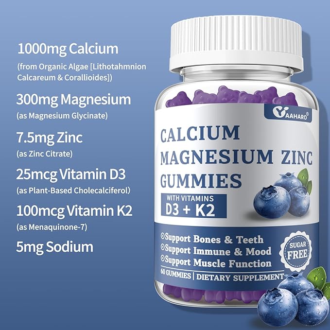 Calcium Magnesium Zinc Gummies with Vitamin D3 & K2 - Sugar Free Calcium Gummies for Women and Men - Bone & Immune Support - Non-GMO, Gluten-Free, Blueberry Flavored - 60 Gummies