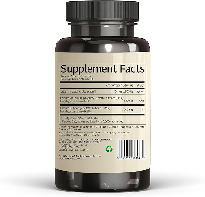 HMB 3000mg and Vitamin D3 Supplement Capsules per Serving *USA Made & Tested* Promotes Muscle Growth & Recovery - HMB Supplement and Vitamin D3 (1600 IU) - 120 Capsules 30 Servings