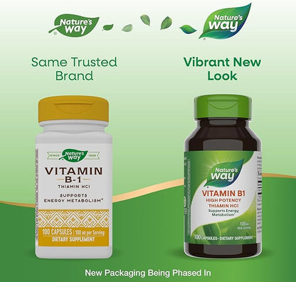 Nature's Way Vitamin B1, High Potency, 100 mg Thiamin per Serving, Thiamin HCl, Supports Energy Metabolism*, Gluten Free, 100 Capsules (Packaging May Vary)