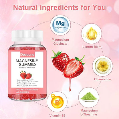 Magnesium Glycinate Gummies for Adults Kids with Vitamin B6, Strawberry Flavor Calm Magnesium Supplement, Magnesium Citrate for Sleep, 60 Gummies per Bottle