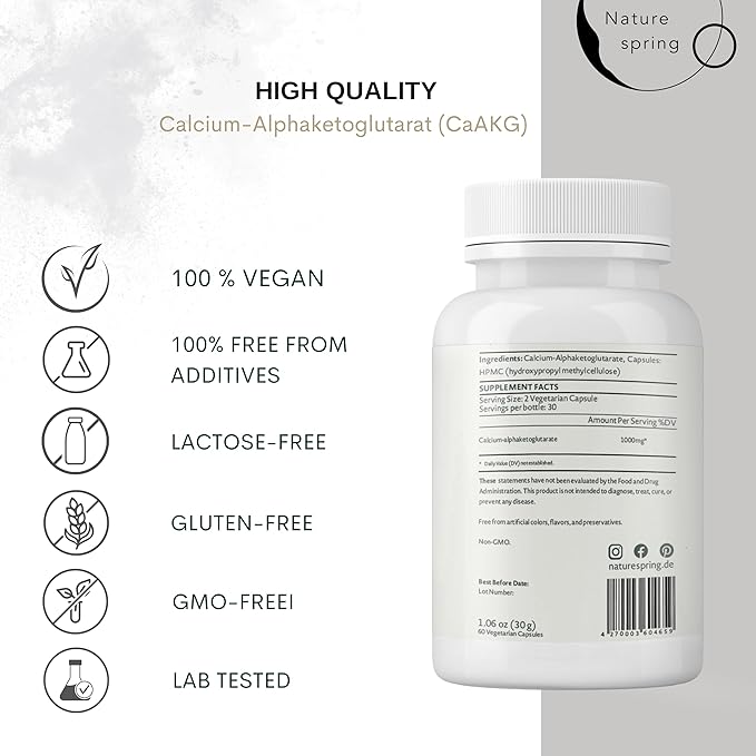 CaAKG Supplement (Alpha Ketoglutarate) (1,000 mg per 2 Capsule Serving, 60 Capsules). Supports Cellular Energy