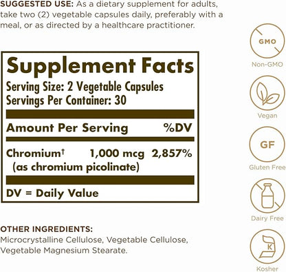 Solgar Chromium Picolinate 500 mcg - 60 Vegetable Capsules, Pack of 3 - Supports Sugar, Fat & Protein Metabolism - Non-GMO, Gluten Free, Kosher - 90 Total Servings