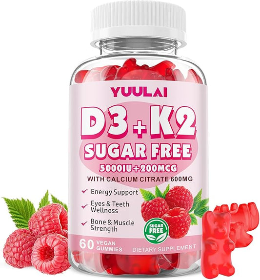 Vitamin D3 K2 Gummies, D3 Vitamin 5,000 IU + K2 200mcg - Vegan K2 D3 Vitamin Supplement, Highly Absorbent Supports Bone, Muscle, Immune, Raspberry, 60 Count