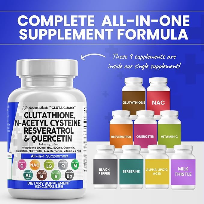Clean Nutraceuticals Glutathione 500mg Supplement with Vitamin C N Acetyl Cysteine 600mg Berberine 1000mg Resveratrol Quercetin Alpha Lipoic Acid - Reduced L Glutathion Free Form Women 60 Ct USA Made