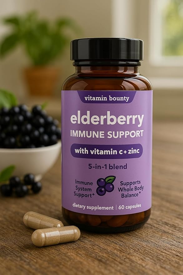 Vitamin Bounty Organic Elderberry Capsules – Sambucus Elderberry with Vitamin C and Zinc – Immune System Boosters for Adults – Antioxidant Formula for Immune Support– Non-GMO, 60 Capsules