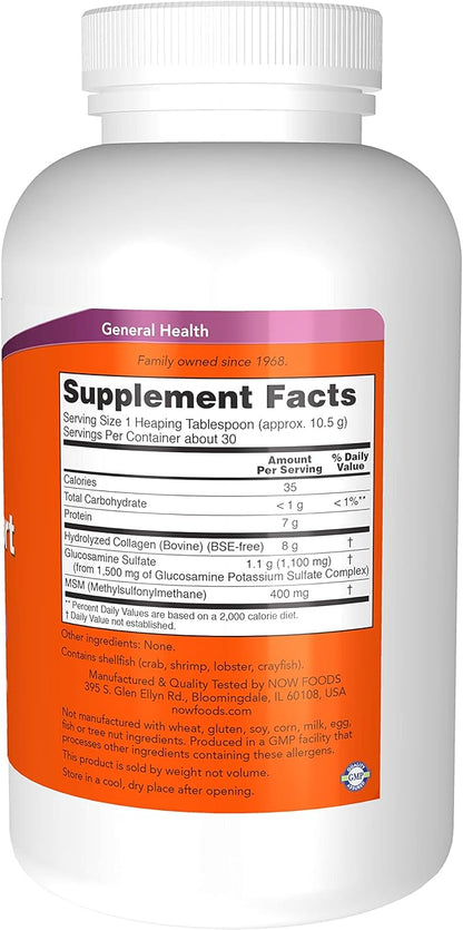 NOW Foods Supplements, Collagen Joint Support™ Powder with Beef Gelatin, Glucosamine Sulfate and MSM, 11-Ounce