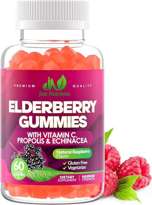 Elderberry Gummies with Vitamin C, Echinacea, Propolis (60 count) - Immune Support for Adults & Kids - Maximum Strength, Great Tasting Raspberry Flavor - Gluten-Free, Vegan - 60 Gummies