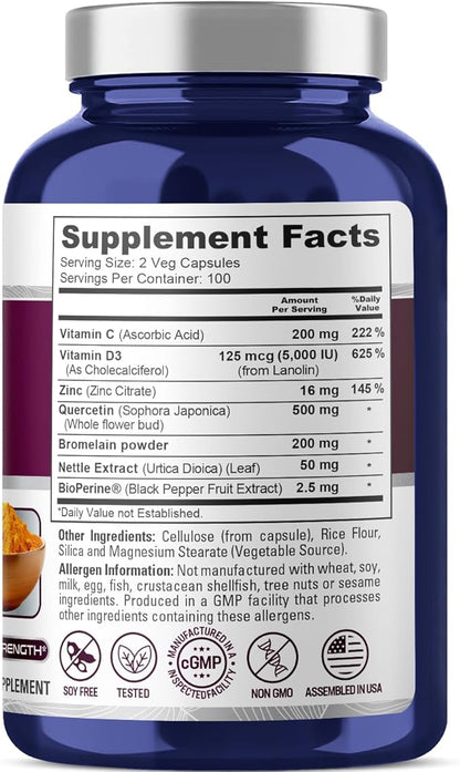 NusaPure Quercetin Complex: Bromelain, Vitamin C, Vitamin D3, Stinging Nettle, Zinc | 200 Veggie Caps (Non-GMO, Bioperine)