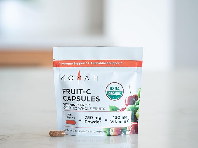 KOYAH Fruit-C Capsules, 130mg Natural Vitamin C from Organic Freeze-Dried Fruits (No Synthetic or Extracted Vitamin C), Whole-Food, Non-GMO, Vegan, 100% Pure. Immune & Antioxidant Support. 60 Capsules