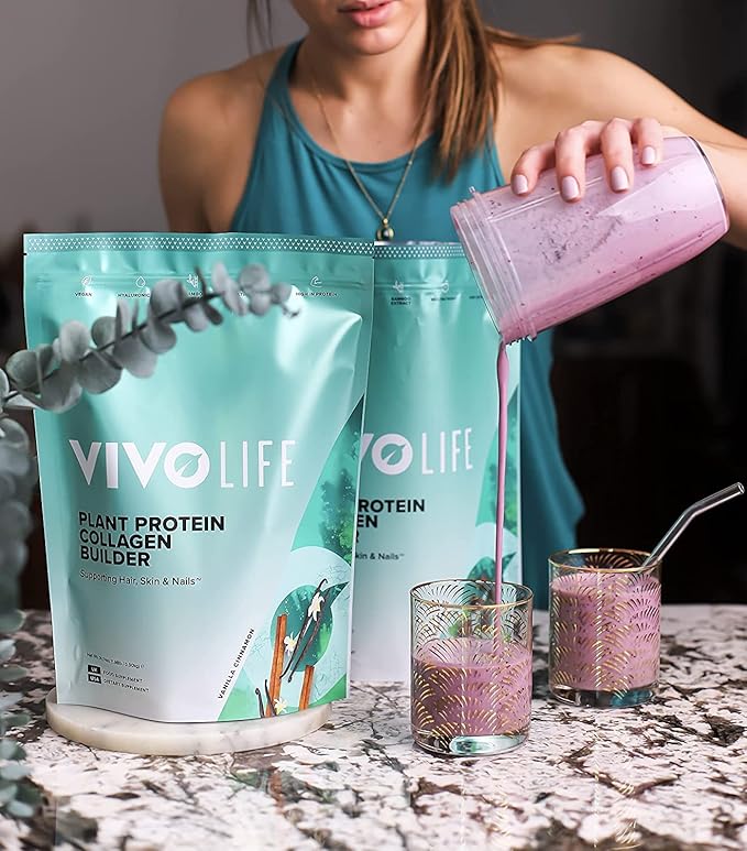 Vivo life - Plant Protein Collagen Builder with Vitamin C, Amino Acids and Hyaluronic Acid, Support Healthy Hair, Skin & Nails, Vegan (Vanilla & Cinnamon)