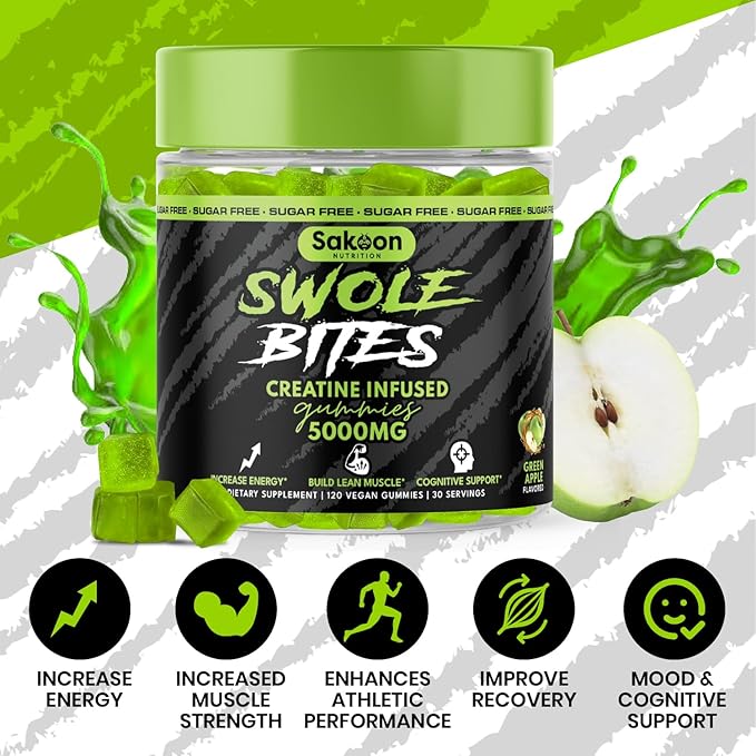 Sakoon nutrition 5000mg Creatine Monohydrate Infused Gummies | Increase Strength and Build Muscle, Sugar-Free, Vegan, Apple Flavor, 120 Count
