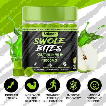 Sakoon nutrition 5000mg Creatine Monohydrate Infused Gummies | Increase Strength and Build Muscle, Sugar-Free, Vegan, Apple Flavor, 120 Count