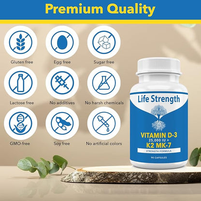 Vitamin K2 (MK7) + D3 25,000IU Supplement - Extra Strength, Non GMO, Easy to Swallow, No Fillers - Supports Immune & Bone Health
