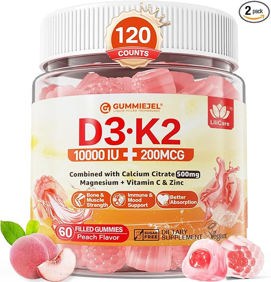 Vitamin D3 K2 Filled Gummies 5000IU / 10,000 IU with 500mg Calcium + K2(MK-7) 200mcg, Magnesium, Vitamin C & Zinc, Extra Strength - Ultimate Absorbency for Bones Muscles Teeth, Vegan -- Pack of 2