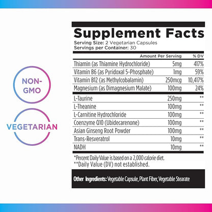 Livingood Daily Energy Supplements for Women & Men, 60 Vegetarian Capsules - Vitamin B6 & B12, NADH, L-Theanine & Magnesium Energy Support Pills Support Mood, Brain Health, & Muscle Function - Non-GMO