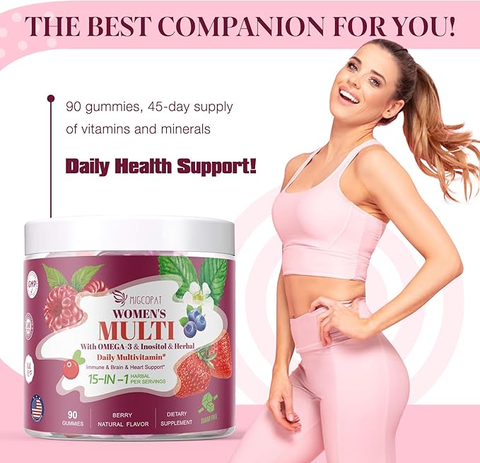 Multivitamin for Women, Womens Multivitamin Gummy w/Omega-3, Inositol, Folate, Biotin, Vitamins A, C, D3, E, B12 for Heart, Brain, Hair, Energy & Immune, Sugar-Free Gummies, Berry Flavor, 90 Cts