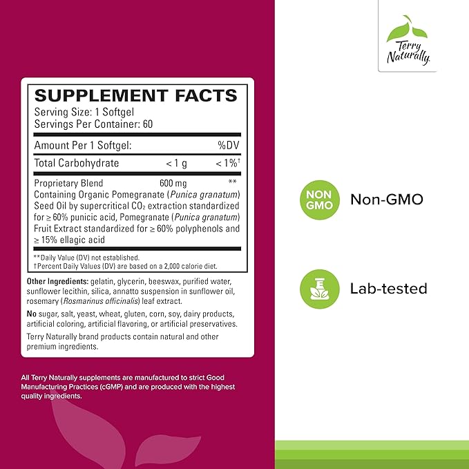 Terry Naturally Pomegranate Seed Oil - Dietary Supplement to Support Cardiovascular Health - Herbal Non-GMO Supplement with Omega-5 & Pomegranate Extract - 60 Softgels, (Pack of 2)
