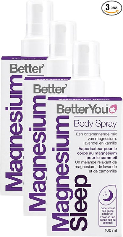 BetterYou Magnesium Muscle Body Spray - Relaxing Topical Magnesium and Essential Oil Spray - Lavender and Chamomile - Promotes Better Sleep - 3.38 oz (Pack of 3)