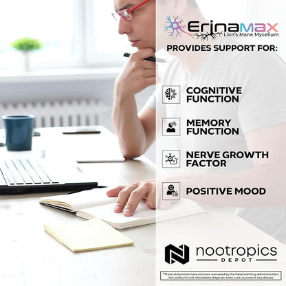 Nootropics Depot Erinamax Lion's Mane 500mg Capsules | Liquid Culture Mycelium | 2.5mg Erinacine A | Mood, Cognition, & Nerve Support | 120 Count