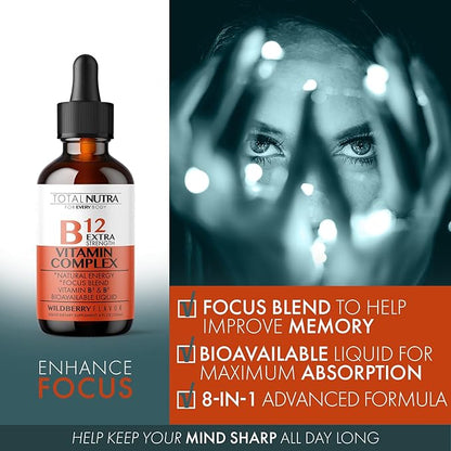 Extra Strength Liquid B12 Vitamin Drops- Vitamins B12, B6, B3- Vegan and Non GMO- Instant Energy, Focus & Metabolism Support with Green Tea, Carnitine & Ginkgo Biloba- Alternative to B Complex Capsule