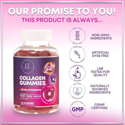 Collagen Peptide Gummies for Women with Biotin - Hydrolyzed Collagen for Hair, Skin, Nail, Bone Health & Joint Support - Extra Strength Best Peptides Supplement for Women & Men, Non-GMO - 60 Gummies