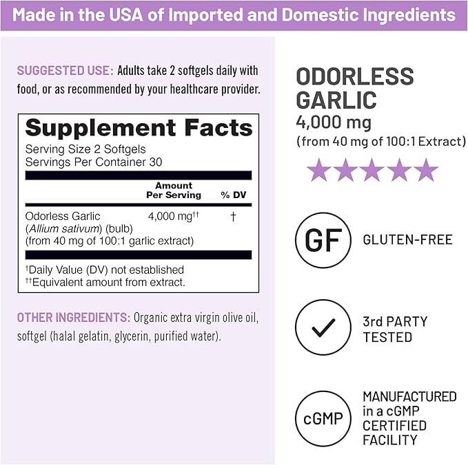 NatureWise Odorless Garlic Supplement 4000mg - Ultra Potent 100:1 Extract - Healthy Cholesterol Formula, Heart Health Support - Non-GMO, Gluten Free, with Halal Gelatin - 60 Count[30-Day Supply]